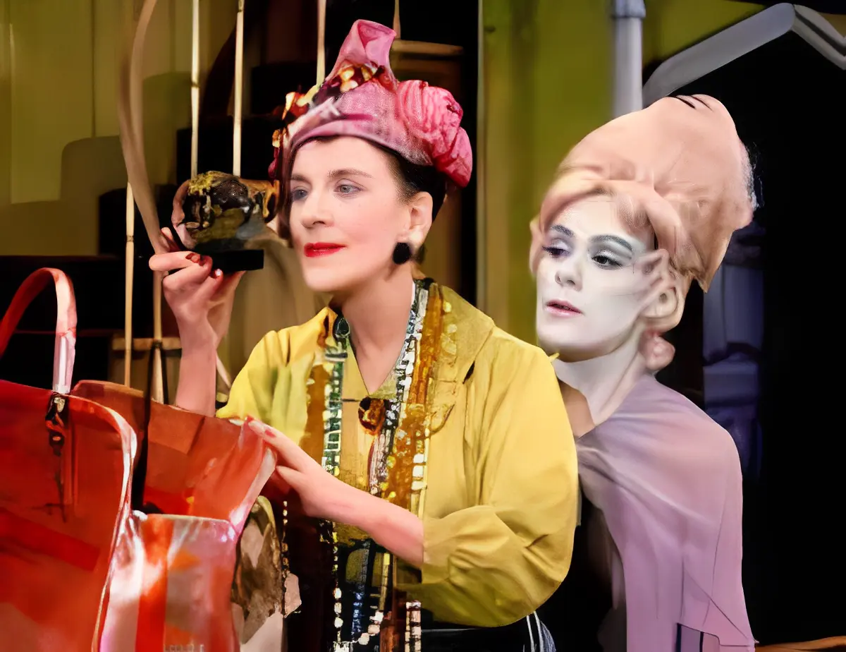 Two women in colorful theatrical costumes.